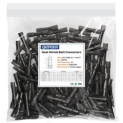 100 Pcs Black Heat Shrink Butt Connectors, 14-12 AWG Marine Grade Heat Shrink Wire Connectors, Tinned Copper, Waterproof Insulated Crimp Butt Splice Automotive Electrical Connectors - size: 100Pcs 14-12 AWG