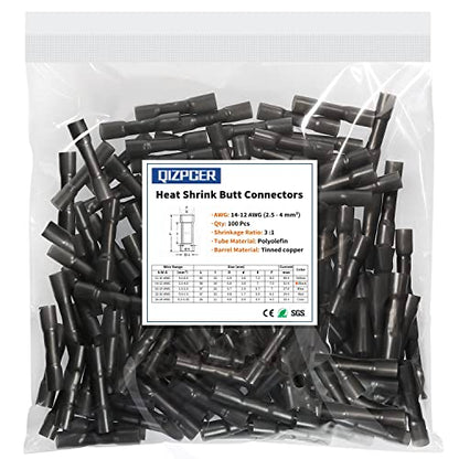 100 Pcs Black Heat Shrink Butt Connectors, 14-12 AWG Marine Grade Heat Shrink Wire Connectors, Tinned Copper, Waterproof Insulated Crimp Butt Splice Automotive Electrical Connectors - size: 100Pcs 14-12 AWG