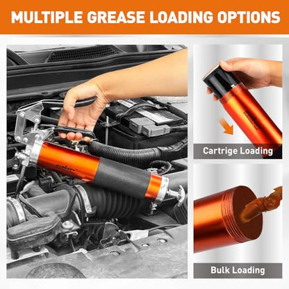 18-Piece 8000PSI Heavy Duty Grease Gun Kit with 14oz Grease, 2x11" Hoses, Flex Hose, Extension Pipes, Lock Coupler, Injector, Sharp Nozzle for Vehicle, Farm, Workshop, Marine, Easy Operation Tool