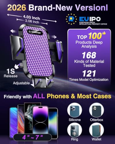 VANMASS [True Military-Grade] Car Phone Holder [Upgraded Suction & Clip] Cell Phone Mount for Dashboard Windshield Vent Truck Cradle Dash Stand for iPhone 16 Pro Max 15 14 13 12 Android, Purple - color: Purple