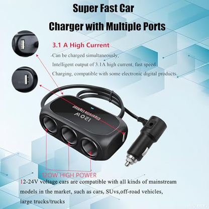 120W 3 Socket Car Cigarette Lighter Adapter,3 Socket Splitter with 2 USB Ports,12V/24V Universal Multi-Port Car Charger with 6-Layer Safety & LED Indicator for Dash Cam GPS Phone Truck SUV