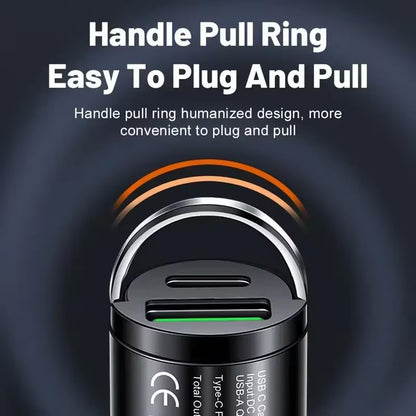 66W Car Fast Charger Dual USB-A USB-C Mini Metal Ring Design Stable Power Protection for Smartphones GPS Tachographs, Black