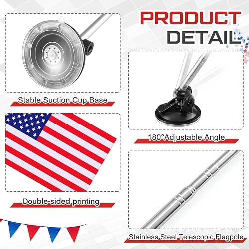 2 Pack Suction Cup Car Flag Pole Kit with Double Sided USA Flag, Adjustable 180° 1.5-5.25 ft Stainless Steel Telescopic Flagpole Holders, Strong Vehicle Mount for Trucks, Cars, Rvs, Boat - style: USA Flag