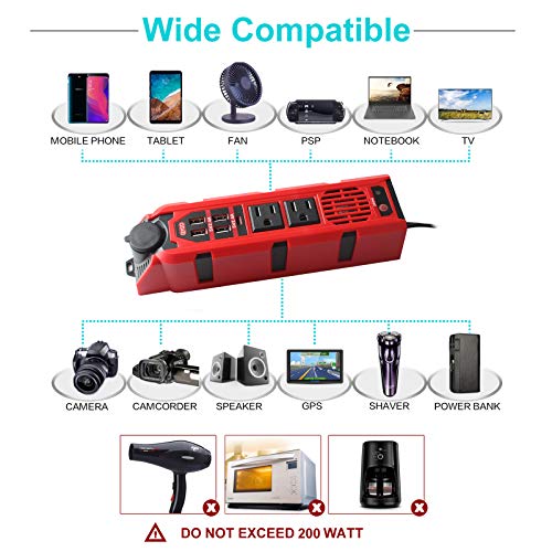 BYGD 200W Car Power Inverter DC 12V to 110V AC Car Adapter Outlet Converter - color: Red