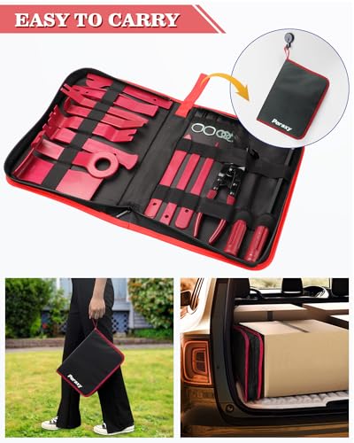 Poraxy 19Pcs Trim Removal Tool,Car Panel Door Audio Trim Removal Tool Kit, Auto Clip Pliers Fastener Remover Pry Tool Set with Storage Bag - color: Red