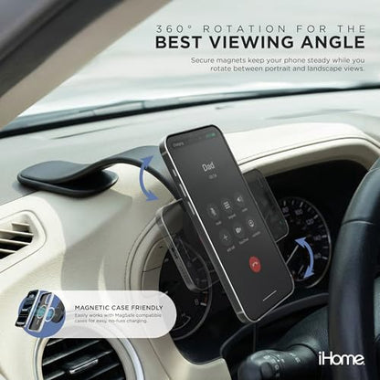 iHome Car Mount, Dashboard/Windshield/Vent Mount, Swivel Neck, Silicone Grip, Adjustable Mount Arm with Suction Cup Base (Magnetic Car Mount 15W) - style: Magnetic Car Mount 15W