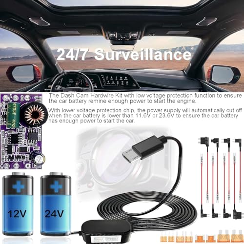 Gebildet Dash Cam Hardwire Kit, Car Dash Camera Micro Charger Hard Wire Kit for Dashcam DC 12-24V to 5V/2.5A Low Voltage Protection 24h Parking Surveillance with Fuse Tap - style: Micro -3 wire with fuse tap