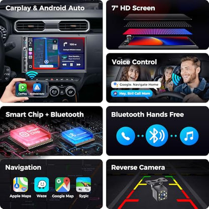 Double Din Car Stereo with 7" HD Touchscreen, Wireless Apple Carplay & Android Auto, Bluetooth, 240W, SWC, Subwoofer Output, Mirror Link, FM/AM Car Radio Receiver, Backup Camera - style: Volume knob + 2 physical buttons