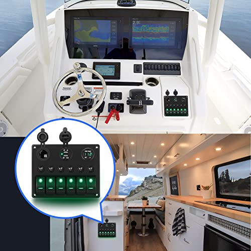Nilight 6 Gang Rocker Switch Panel On Off Toggle Resettable Circuit Breaker - color: Green, size: 6+3 Gang Dual USB