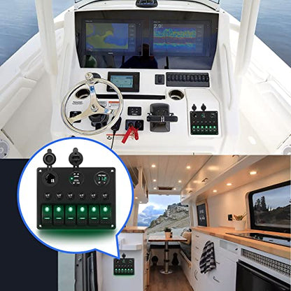 Nilight 6 Gang Rocker Switch Panel On Off Toggle Resettable Circuit Breaker - color: Green, size: 6+3 Gang Dual USB