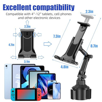 Tablet Holder for Car, for iPad Cup Holder Car Mount with 1.57" Depth Large Clamp 15" Height Adjustable Tab Mount Holder for 6"-12.9" Cell Phone iPhone iPad Stand Travel Accessories 1