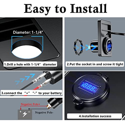 PD 45W USB C Quick Charger 18W USB 3.0 Charger Socket Waterproof with Switch LED Voltmeter and Wire Fuse DIY Kit for 12V/24V Car Boat Marine ATV Bus Truck RV Motorcycle