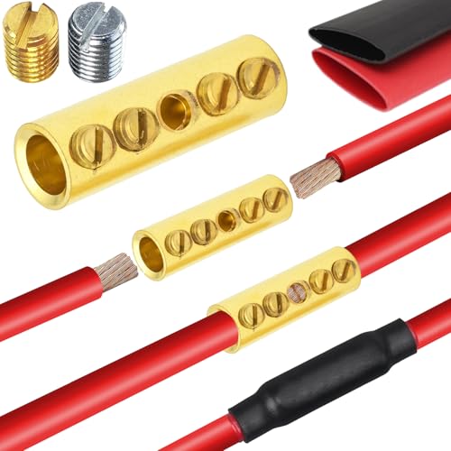 4 Gauge Wire Butt Connectors 6 PCS Brass Mechanical Butt Splice Connectors Kit 4 AWG Mechanical Repair Splice Kit Splice Screw Sleeves 6 PCS Mechanical Splices & 3:1 Heat Shrink Tubes - color: Bare Brass