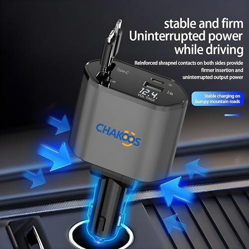 Retractable Car Charger, 4-in-1 Fast Charging USB C & USB A Port, 60W PD Car Phone Charger Adapter, Multi Cigarette Lighter Charger Cable for iPhone 17/14/13, Samsung Galaxy, Android Devices