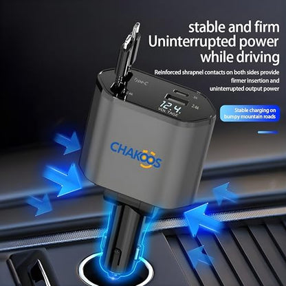 Retractable Car Charger, 4-in-1 Fast Charging USB C & USB A Port, 60W PD Car Phone Charger Adapter, Multi Cigarette Lighter Charger Cable for iPhone 17/14/13, Samsung Galaxy, Android Devices