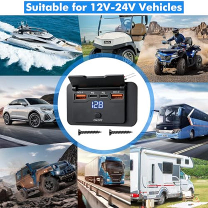 72W 12V USB Outlet Panel Wall Mount Dual PD3.0 & Dual 18W QC3.0 Fast Charging,4 Port Charger Socket Surface Mount with LED Voltmeter and Button Switch for RV Boat Bus Marine Motorcycle Golf Cart Truck - color: 1Pack