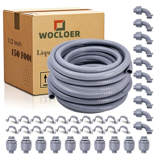 1/2 inch 150 Foot Liquid-Tight Conduit and Connector Kit, Flexible Non Metallic Electrical Conduit, With 10 Straight and 10 Angle Fittings and Pipe Strap - size: 1/2inch 150Ft