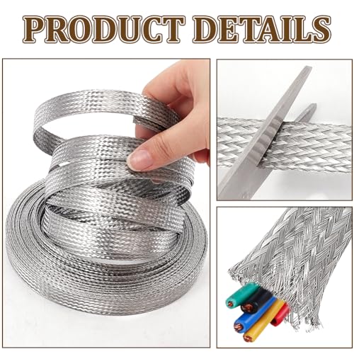 NBEADS 32.8ft 304 Stainless Steel Braided Cable Sleeve, 0.59 Inch Wide Stainless Steel Color Flat Tinned Braided Ground Wire Mesh, Flexible Shielding Sleeve for Cables - size: 32.8ft X 0.59 Inch