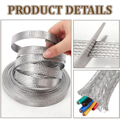 NBEADS 32.8ft 304 Stainless Steel Braided Cable Sleeve, 0.59 Inch Wide Stainless Steel Color Flat Tinned Braided Ground Wire Mesh, Flexible Shielding Sleeve for Cables - size: 32.8ft X 0.59 Inch
