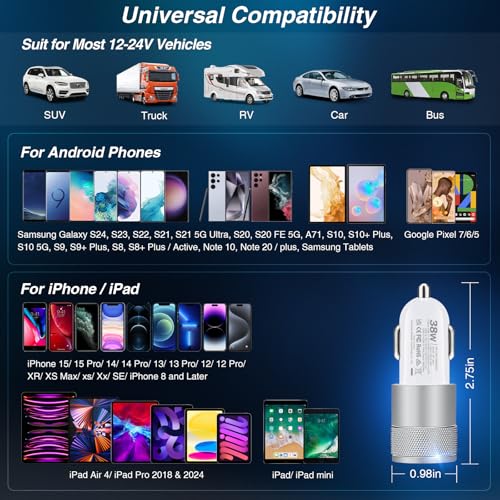 Car Charger, 5 Pack 38W Dual Ports USB-C & USB-A Cigarette Lighter Adapter - color: 5-Pack White