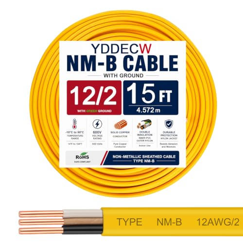 12/2 NM-B Wire with Ground - 15FT 12 Gauge Non-Metallic Sheathed Cable Pure Copper 12 AWG 2 Conductor Residential Indoor Wire for Outlets, Switches and Other Loads etc. - size: 15FT, style: 12AWG/2