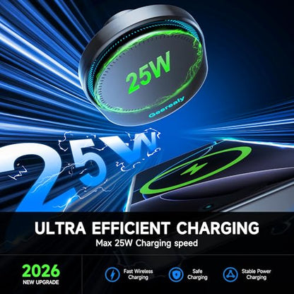 for 25W MagSafe Car Mount Charger with Cooling Fan, Magnetic Wireless Car Charger, Suction Cup & Vent Attachment Phone Holder, 25W Fast Charging Car Cooling Phone Mount for iPhone 17/16,S26 Ultra