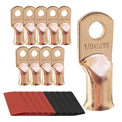 10pcs 1/0 AWG-5/16 Ring Battery Lugs, Copper Lugs, Battery Cable Ends, Tubular Ring Terminals, Crimp Wire Ring Lugs, Battery Terminal Connectors with Heat Shrink Tubing (10, 1/0 Awg - 5/16" (M8) Ring) - size: 1/0 Awg - 5/16" (M8) Ring