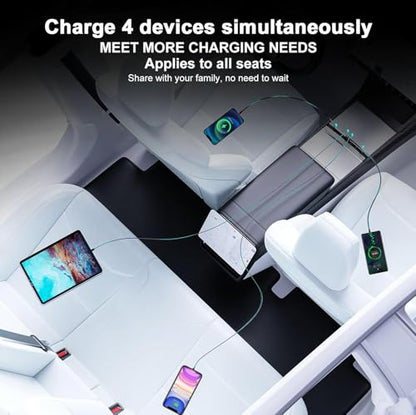 USB Hub for Tesla Model 3, Model Y 2021 2022 2023 USB-C & Lightning Cables - Fast Charger for Tesla Model Y and 3 Accessories, Retractable Phone USB Charger Hub 4-Ports (Not Fit Model 3 2024)