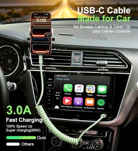 USB A to USB C Cable 3FT 2Pack Coiled USB C Fast Charging Cable for CarPlay - color: Green, size: 3FT