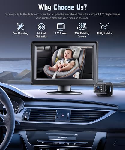 Rear Seat Baby Car Camera for Backseat HD-Rear-Facing Car Baby Monitor with Night Vision, Adjustable View Angle, Easy Setup,360°Rotatable car Camera, Safety for Kids 4.3 inch IPS car Baby Monitor