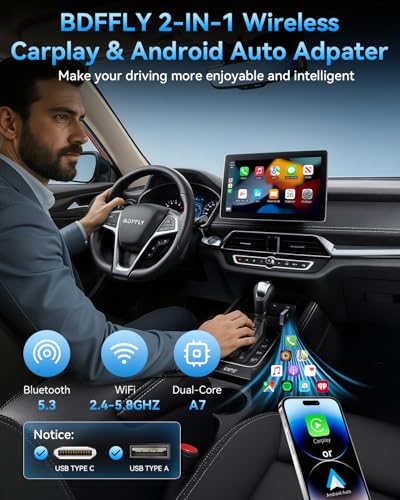 2026 Upgraded 2 in 1 Wireless CarPlay & Android Auto Adapter, USB A/C Dongle Convert Factory Wired for iOS 10+ & Android 11+(Black)