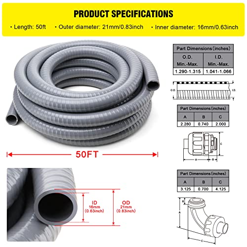 DWALE Liquid-Tight Conduit and Connector Kit,Flexible Non Metallic Liquid Tight Electrical Conduit,1/2inch 50ft Electrical Conduit Kit,with 8 Straight and 8 Angle Fittings Included,1/2 in. Dia - size: 50FT-1/2"