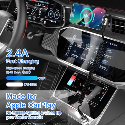 90 Degree Coiled Lightning Cable, 2 Pack iPhone Charger Cable for Apple Carplay [MFi Certified], USB Fast Charging Coiled Lightning Cable Right Angle Compatible with iPhone/iPad/iPod/Car