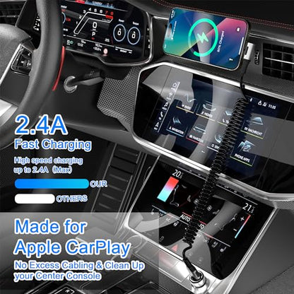 90 Degree Coiled Lightning Cable, 2 Pack iPhone Charger Cable for Apple Carplay [MFi Certified], USB Fast Charging Coiled Lightning Cable Right Angle Compatible with iPhone/iPad/iPod/Car