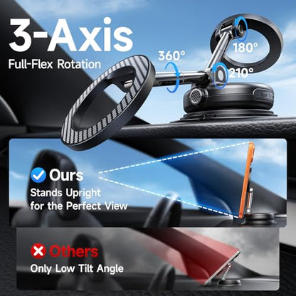 NeverFall Car Phone Mount for MagSafe, 89lbs Vacuum Suction, Strong Magnetic Dashboard & Windshield Mount, 360° Adjustable Phone Holder for iPhone & All Phones, Carbon Fiber