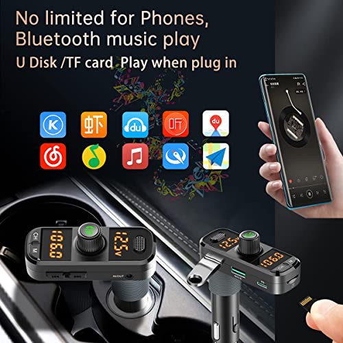 Bluetooth 5.0 Car Change Radio Receiver with 2 Stronger Microphones, 41W PD QC 3.0 USB Car Charger, Aux in/Out Wireless Audio Music Adapter, with Hands Free Calls and Voice Assistant