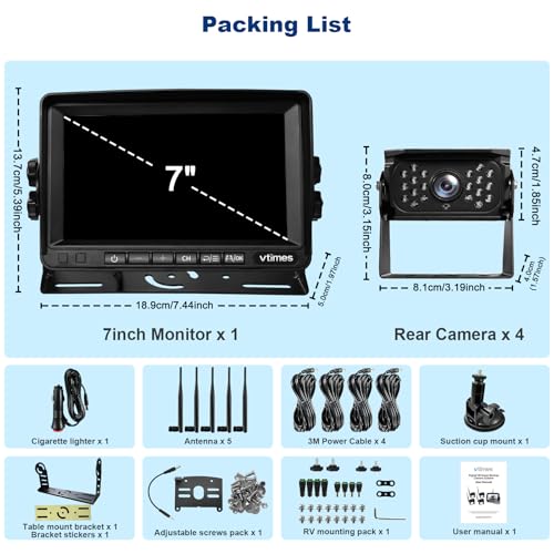 VTimes Wireless Backup 4 Camera for Trucks RV Backup Camera with HD Monitor - color: 7 inch - 4 Cameras