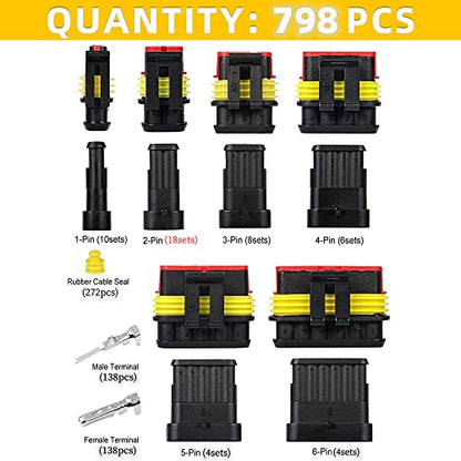 798Pcs 50 Kits Waterproof Automotive Electrical Connector Terminals 1/2/3/4/5/6 Male&Female Pin Automotive Wire Connectors Kit for Car Motorcycle Marine 22-16 AWG