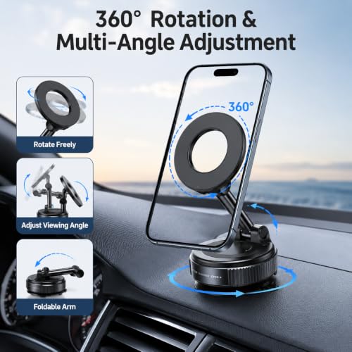 Magnetic Car Phone Mount, Vacuum Suction Cup MagSafe Cell Holder, Foldable Premium Zinc Alloy 360° Rotating Dashboard Windshield Desk Mount for Navigation and Live Streaming - color: Magnetic Car Mount Phone 1