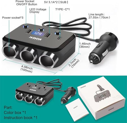 BYGD 110W Car Splitter, 3 Cigarette Socket Adapters, 3 USB Ports, 4-in-1