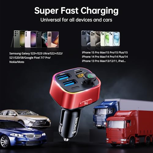 Syncwire Bluetooth 5.4 FM Transmitter Car Adapter 48W (PD 36W & 12W) [Light Switch] [Hi-Fi Deep Bass] [Fast Charge] Wireless Radio Music Adapter LED Display Hands-Free Calling Support USB Drive, Red - color: Red, style: 48W