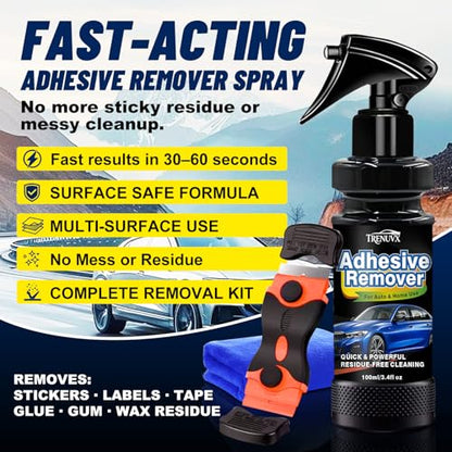 Adhesive Remover, Sticker Remover for Car Paint & Glass – Spray that Dissolves Decal, Glue & Tape Residue, Safe on Surfaces, Removes Sticky Labels, Includes Scraper, Spatula & Towel, 3.4oz/100ml