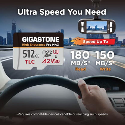 [5-Yrs Free Data Recovery] GIGASTONE 512GB Micro SD Card, TLC High Endurance Pro MAX, Speed Up to 180/150 MB/s, Compatible with REDTIGER Rove VIOFO VANTRUE PRUVEEO Dash Cam, MicroSDXC UHS-I A2 V30 U3 - color: 512GB High Endurance Pro MAX 1-Pack