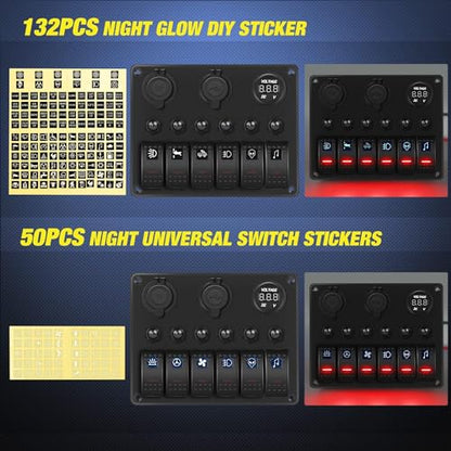 Nilight 6 Gang Rocker Switch Panel On Off with Resettable Circuit Breaker - color: Red, size: 6+3 Gang Dual USB