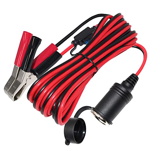 SPARKING 12FT 12V Female Car Socket Extension Cord with Battery Alligator Clips Car Battery Clip-on Extension Cable, 15A Fuse (12FT) - size: 12FT