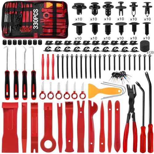 Trim Removal Tool Kit 330Pcs Car Removal Tool Kit Pry Tool Set Auto Clip Pliers Panel Door Radio Dash Window Bumper Adhesive Cable Clips Retainer Clip Set Terminal Removal Tool Set Fastener Remover - color: Red