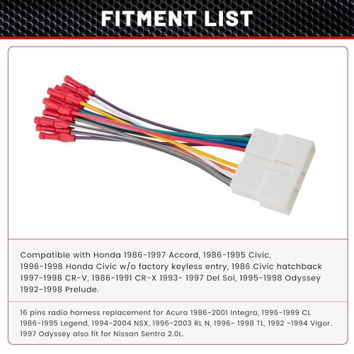 RED WOLF Car Radio Wiring Harness 16 Pins Replacement for Honda Accord Civic CRV 1986-1998, Acura Integra CL RL 1986-2001 Vehicles Aftermarket Stereo Player CD Cable Plug w/Wire Butt Install