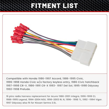RED WOLF Car Radio Wiring Harness 16 Pins Replacement for Honda Accord Civic CRV 1986-1998, Acura Integra CL RL 1986-2001 Vehicles Aftermarket Stereo Player CD Cable Plug w/Wire Butt Install