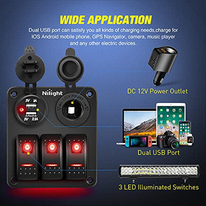 Nilight 3 Gang Rocker Switch Panel SPST On Off 12 Volt Toggle Red - color: Red, size: 3+2 Gang Dual USB