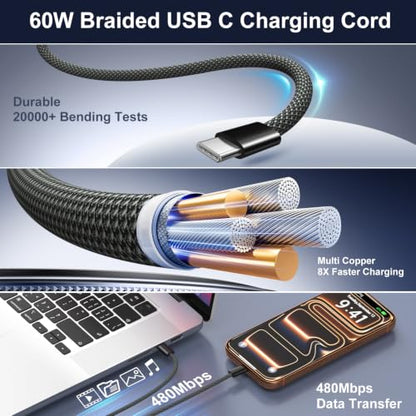 98W Car Charger USB C, 4 Port Fast Cigarette Lighter USB Charger with Cable - color: Black